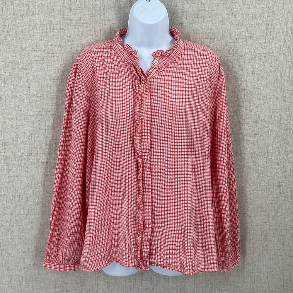 LOFT Blouse Women XL Red Cotton Gingham Ruffle Trim Cottagecore Classic Boho